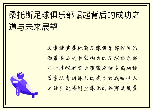 桑托斯足球俱乐部崛起背后的成功之道与未来展望